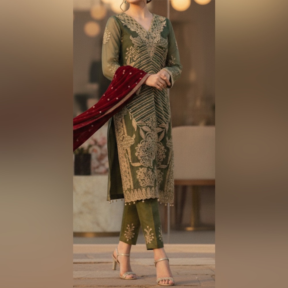 Elegant 2 piece Green & Gold Embroidered Pakistani Suit - Size S.